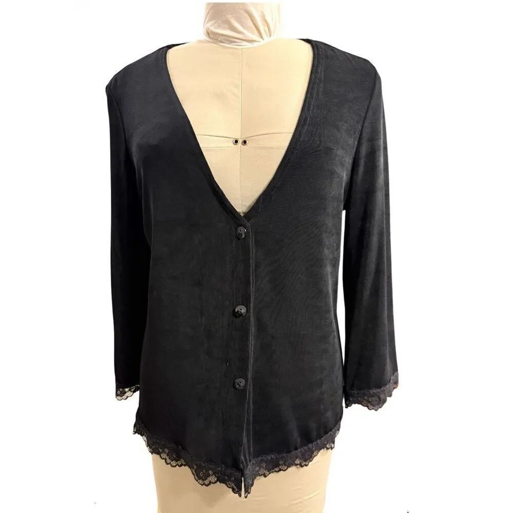 The Travel Collection Cardigan Button Front V-Neck Lace Hem Cuffs Medium